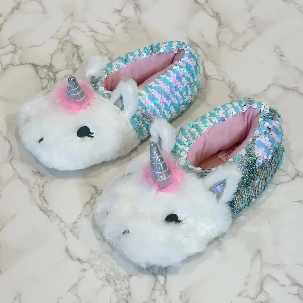 Capelli New York Little Girls Sequin Unicorn Slippers Size 1-2